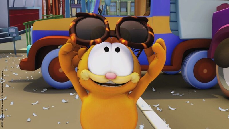 Garfield betrachtet neugierig die Zukunftsbrille. – Bild: HR/​Dargaud Media/​MediaToon/​Paws Inc./​France 3