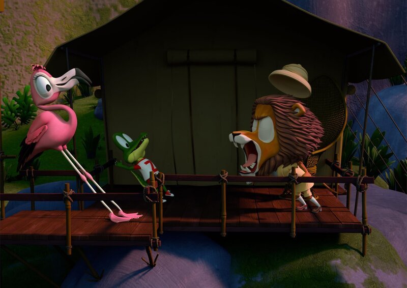 Lionel, der Löwe, soll im Gruselfilm das Gruselmonster spielen. Damit er auch richtig schön gruselig rüberkommt, üben Zacki und Flora, die Flamingo-Teenagerin, mit Lionel laut und kräftig zu brüllen. – Bild: ZDF/​Grid Animation, TELEGAEL