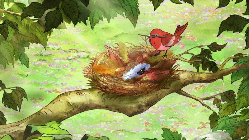Ein kleiner roter Vogel hat die Feder in sein Nest gebracht. – Bild: KiKA/​SLR Productions Australia Pty.Ltd./​Scrawl Studios Pte Ltd./​hr/​ARD