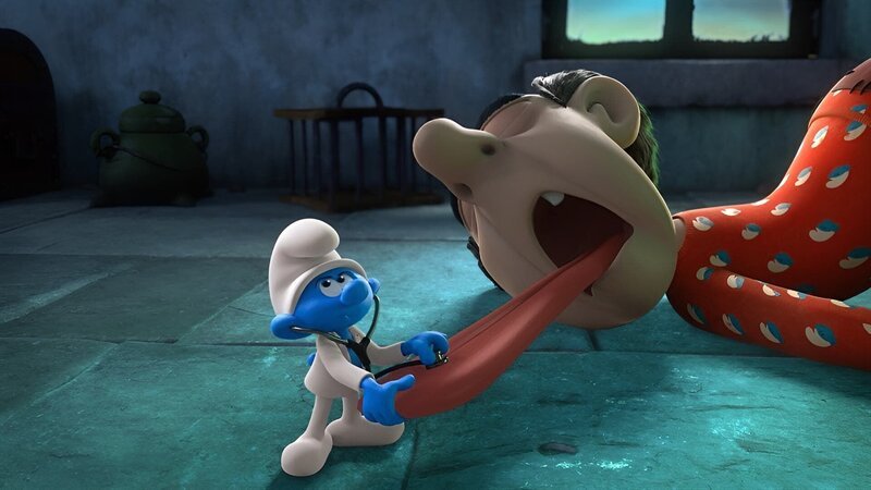 Gargamel ist krank und schickt nach seiner Mutter – doch statt dessen erreicht die Nachricht die Schlümpfe. Doktor macht sich gleich daran, eine Diagnose zu erstellen. – Bild: KiKA/​Peyo Productions, Dupuis Édition & Audiovisuell 2020