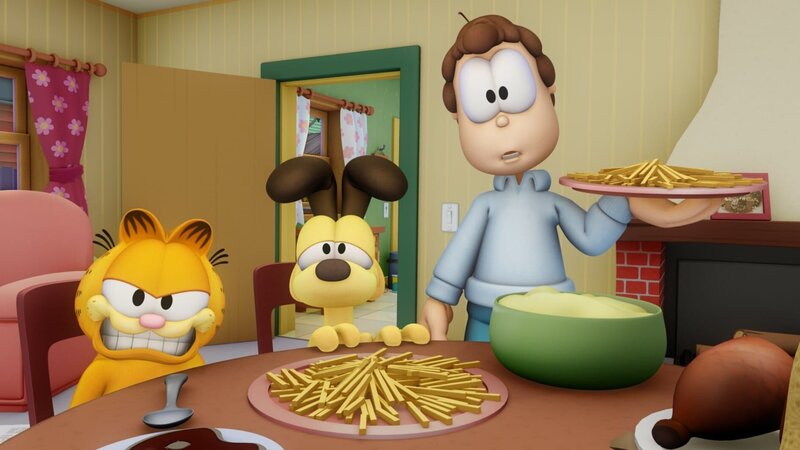 Jons Besuch futtert Garfield das Essen weg. – Bild: HR/​DARGAUD MEDIA