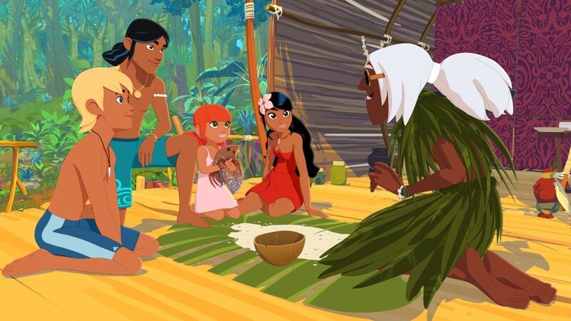 Schamane Ramana (r.) erzählt Yann (l.), Auru (2.v.l.), Marina (3.v.l.) und Timeti (4.v.l.) eine Legende. – Bild: ZDF/​Media Valley/​Marzipan Films