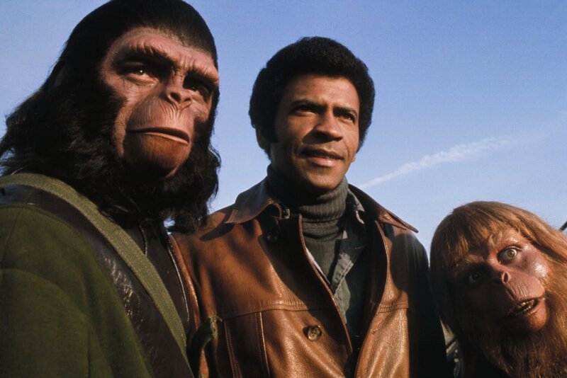 Während sich Caesar (Roddy McDowall, l.) mit Berater Virgil (Paul Williams, r.) und seinem menschlichen Freund MacDonald (Austin Stoker, M.) zu einer zerstörten Stadt aufmacht, um ein Video zu suchen, das die Prophezeiungen seiner Eltern zeigt, übernimmt der gewalttätige Gorilla General Aldo die Macht … – Bild: Motion Picture © 1973 Twentieth Century Fox Film Corporation. Renewed 2001 Twentieth Century Fox Film Corporation. All rights reserved.