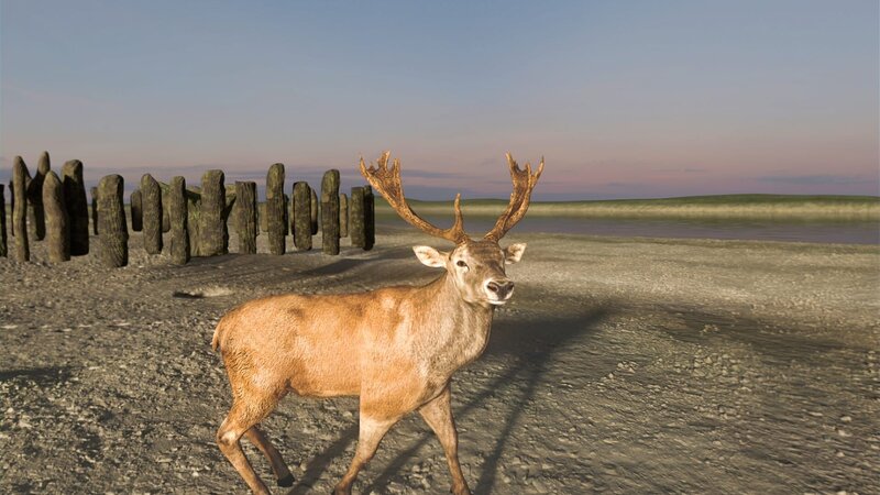 3D-Animation eines Rothirsches vor den Ruinen von Seahenge – explodiert – Bild: Windfall Films /​ Windfall Films
