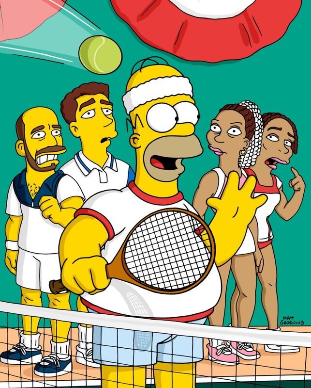 Auf dem Tennisplatz geht Homer (M.) den Tennisprofis Pete Sampras (2.v.l.), Andre Agassi (l.) und den Williams-Schwestern gewaltig auf die Nerven. – Bild: Twentieth Century Fox Film Corporation