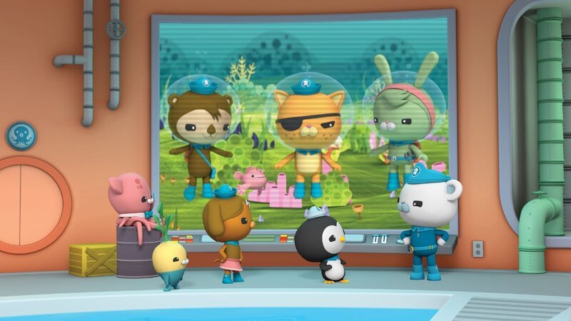 (v.li.,hi.) Sebastian, Kwasi und Trixie melden dem Oktopod einen aufkommenden Sturm. – Bild: Silvergate