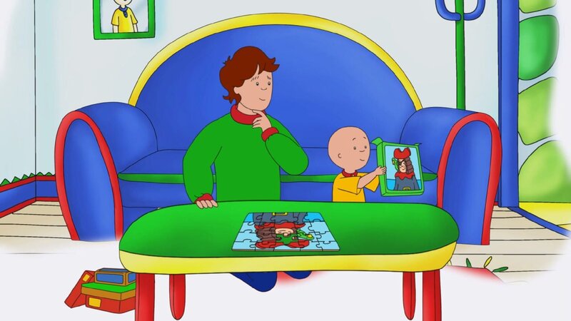 Caillou und sein Vater haben ein altes Puzzlespiel gefunden. Leider fehlt das letzte Puzzle-Teil. Das muss gefunden werden. – Bild: Super RTL