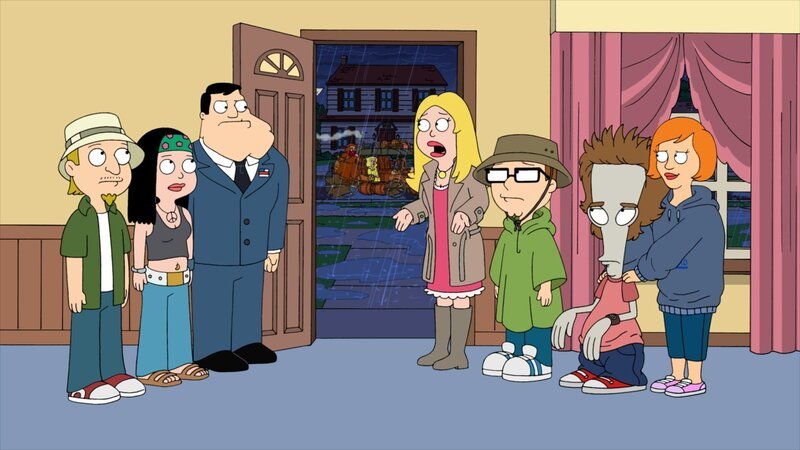L-R: Jeff, Hayley, Stan, Francine, Steve, Roger, Roger’s date – Bild: 2011 Fox and its related entities. All rights reserved. Lizenzbild frei