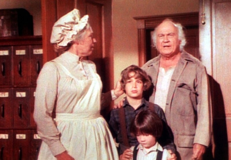 Die Waisenhausmutter, Miss Mason (Elizabeth Hoffman, l.), ist sehr froh, dass Michael (David Hollander, M.) und sein Bruder Josh (David Faustino) wieder gesund zurückgekehrt sind. Houston (Dub Taylor, r.) hat für die Ausreisser bestens gesorgt. – Bild: Worldvision Lizenzbild frei