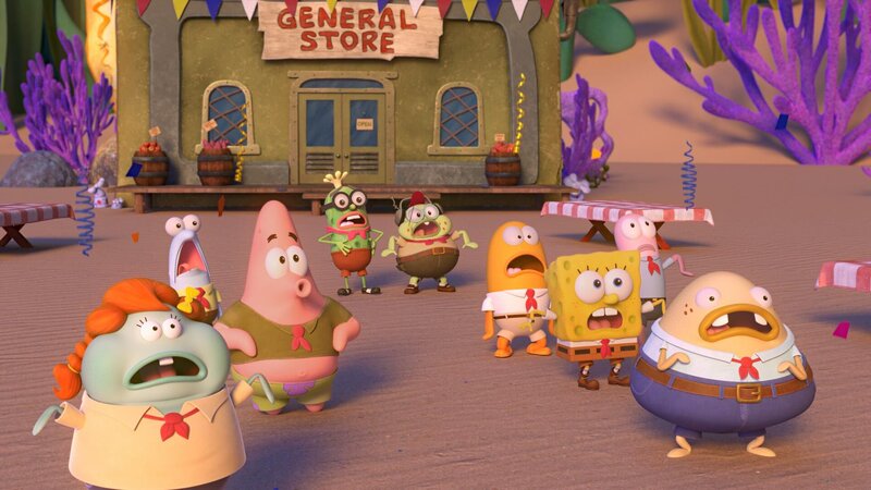 L to R Bill Fagerbakke as the voice of Patrick Star, Dee Bradley Baker as the voice of Kevin C. Cucumber, Carlos Alazraqui as the voice of Harvey and Tom Kenny as the voice of SpongeBob Square Pants in KAMP KORAL: SPONGEBOB’S UNDER YEARS. Photo credit: Nickelodeon/​Paramount+ © 2024, All Rights Reserved. – Bild: Paramount+ /​ Nickelodeon/​Paramount+ /​ PARAMOUNT+ /​ © 2024 Paramount+. All Rights Reserved.