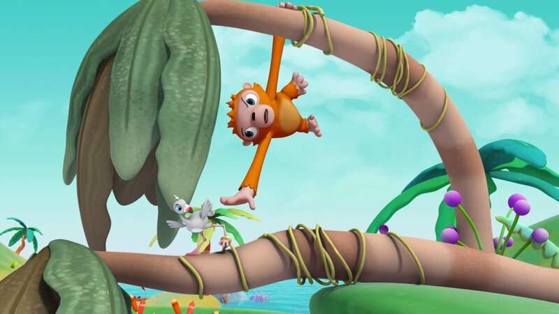 Wissper – Lasst mal den Orang-Utan ran – Betty und Frank Flamingo sind mal wieder in Sorge um ihren Nachwuchs. Wissper eilt herbei, um das Flamingo-Mädchen aus der Liane zu befreien. – Bild: ORF/​STUDIO 100 MEDIA