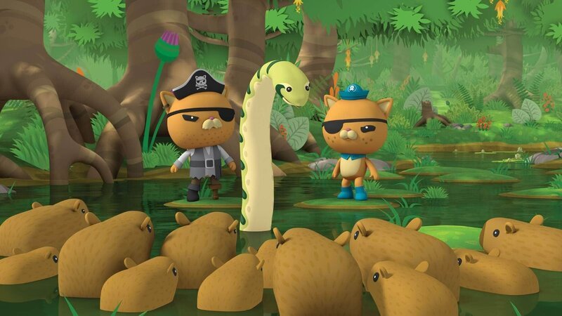 Calico Jack (li.) und Kwasi (re.) wollen die Capybaras vor einer gefräßigen Anakonda retten. – Bild: SUPER RTL