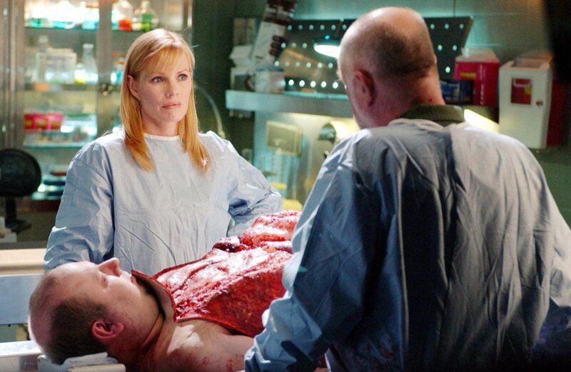 Ein extrem korpulenter Mann wurde tot in einer Mülltonne gefunden. Die Obduktion seines Körpers durch Doc Robbins (Robert David Hall, re.) bringt für ihn und Catherine (Marg Helgenberger) Interessantes zum Vorschein … – Bild: RTL