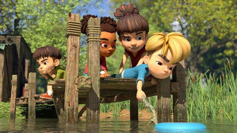 Raphael muss zusehen, wie er sein Frisbee aus dem Teich bekommt, das Samson wütend hineingepfeffert hat. – Bild: ZDF und La Station Animation