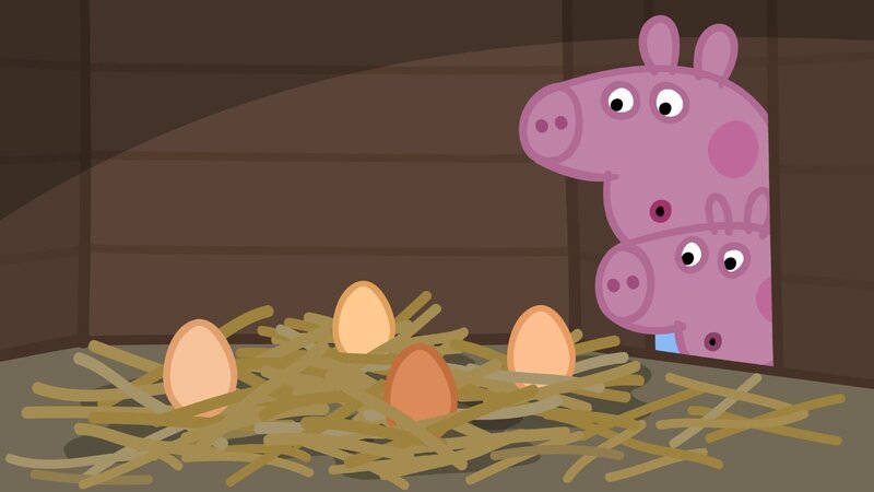Peppa (oben) und Schorsch sind im Garten von Oma und Opa Wutz und schauen, ob die Hühner bereits Eier gelegt haben, die die beiden einsammeln könnten. – Bild: SUPER RTL