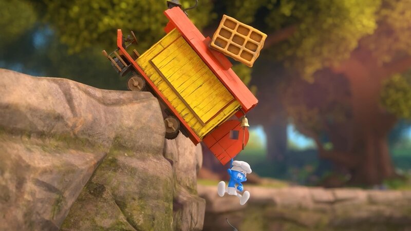 Koch droht mitsamt Lilys Waffelwagen eine Klippe herunterzustürzen. – Bild: KiKA/​Peyo Productions, Dupuis Édition & Audiovisuell 2020