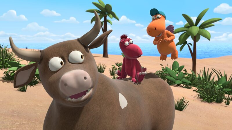 Kokosnuss ist begeistert, denn Oskar hat eine Idee, wie man die Kühe zurück ins Fressdrachendorf locken könnte. – Bild: ZDF/​Caligari Film