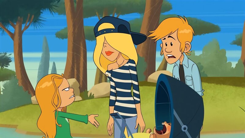 Marine zeigt Max ein schreiendes Baby, um ihn vor der fremden Blonden zu beweisen, dass er und Wendy schon Eltern sind. – Bild: NDR/​Bamboo Production/​Samka Productions