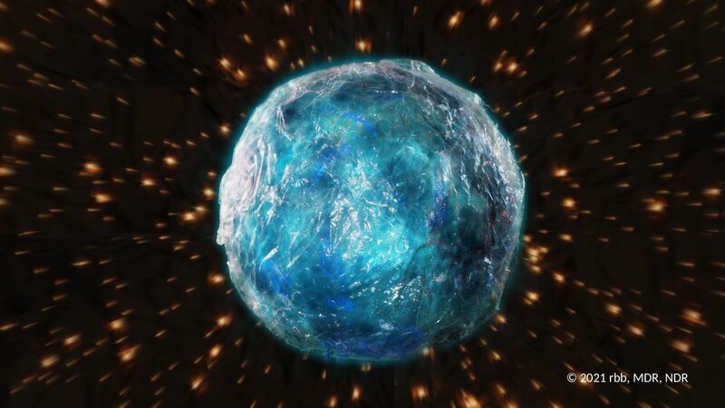 Timmi und Teddy müssen auf dem Wasserplaneten zwischenlanden. – Bild: rbb/​MDR/​NDR/​MotionWorks /​ KiKA