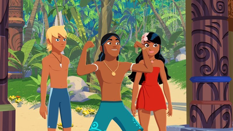 Auru (M.) ist sich sicher, dass er zusammen mit Yann (l.) und Timeti (r.) das Wettfischen gegen die Nachbarinsel gewinnen wird. – Bild: ZDF/​Media Valley/​Marzipan Films