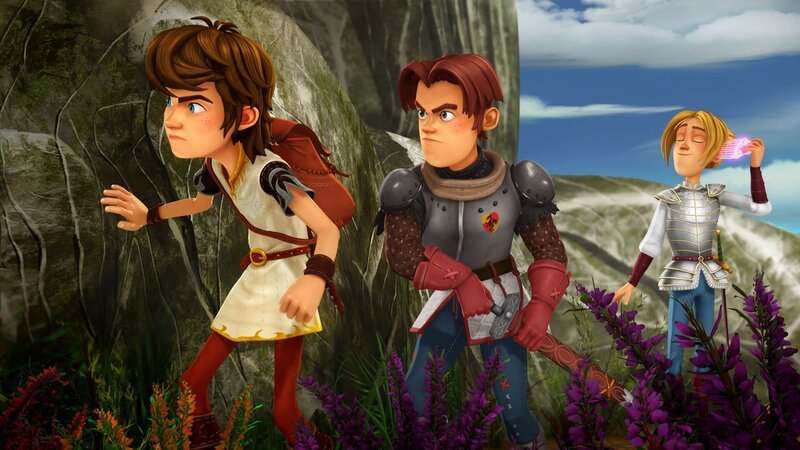 Arthur, Gawain und Tristan schleichen sich an die Höhle des Drachenwolfs an. – Bild: SWR/​Blue Spirit Productions/​TéléTOON+/​Canal+