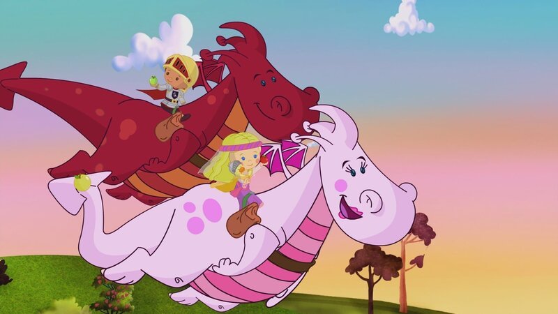 Zoé und Finn machen als Prinzessin und Ritter beim Fang-die-Flagge-Turnier mit. Bevor sie auf ihren fliegenden Drachen loslegen können, helfen sie Finns rotem Drachen, Früchte von Gemüse zu unterscheiden. – Bild: Mike Young