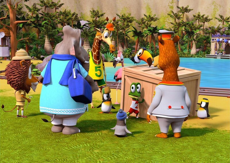 Die Zoobande bestaunt eine mysteriöse Kiste, die in der Nacht auf der Vulkankrater-Insel gelandet ist. Es stellt sich heraus, dass sie an Flora adressiert ist. Ob die drei Pinguine mit der Bestellung etwas zu tun haben? Sie hatten nämlich mit Floras Handy gespielt. – Bild: ZDF/​Grid Animation, TELEGAEL