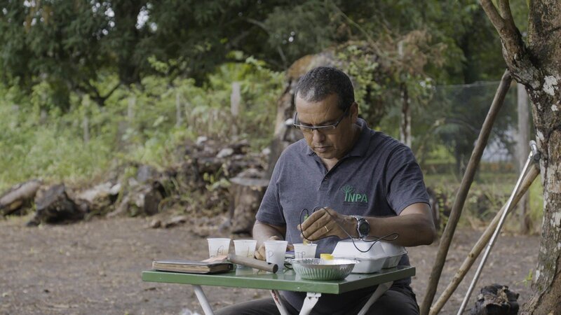 Newton Falcao vom Nationalen Institut für Amazonasforschung in Brasilien untersucht die schwarze Erde aus dem Amazonas, die sogenannte Terra Preta. – Bild: ZDF und André Götzmann