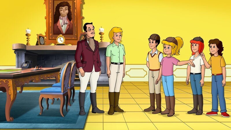 Bibi (3.v.r.) stellt Falko (l.) ihr Kutschenteam mit Tina (2.v.r.), Alex (3.v.l.) und Leonie (r.) vor fürs Kutschenrennen. – Bild: ZDF und Kiddinx