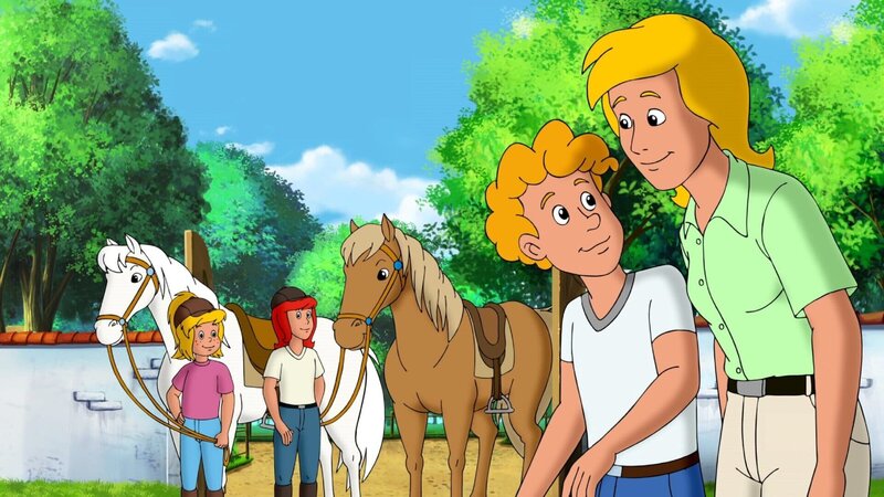 Frau Martin (r.) begrüßt mit Bibi (l.) und Tina (2.v.l.) Jim (2.v.r.), den Austauschschüler aus Amerika. – Bild: ZDF