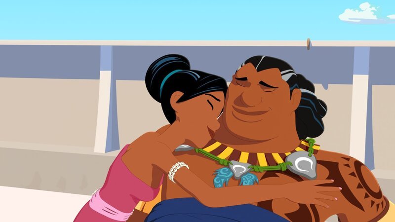 Tapuna (l.) umarmt ihren Mann Papa Tuanaku (r.) glücklich. Der romantische Bootsausflug verlief zwar nicht ganz wie geplant, aber sie hatten einen ereignisreichen Hochzeitstag. – Bild: ZDF/​Media Valley/​Marzipan Films