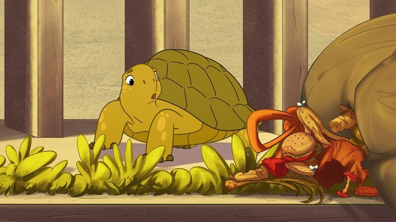 Essen, das auf der Straße liegt? Noch nie war die Futtersuche für Schildkröte Törtel und seine Wildtier-Freunde von Müggeldorf so einfach! – Bild: ZDF/​ Caligari Film