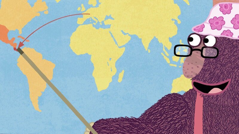 Knöpfchen zeigt uns auf der Landkarte, wie weit Costa Rica von Deutschland entfernt ist und wo es liegt. – Bild: WDR/​Die Sendung mit dem Elefanten