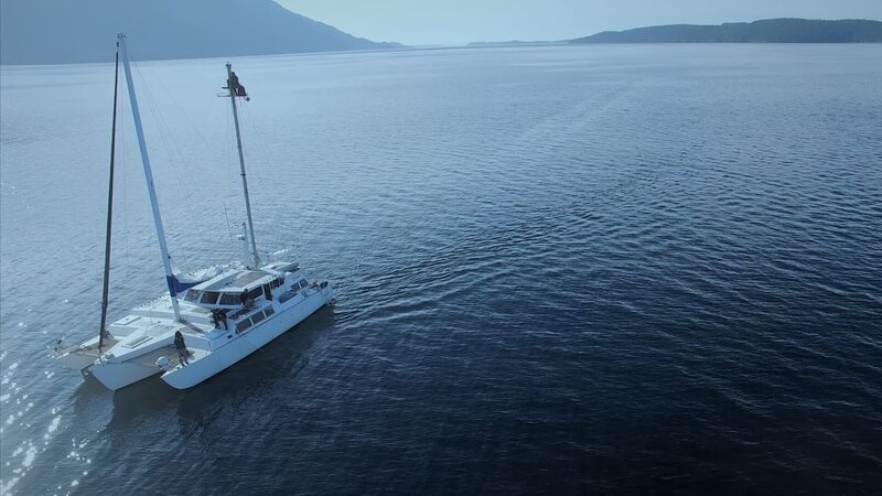 Mit einem Trimaran sucht das Forschungsteam vor der kanadischen Pazifikküste nach Orcas. – Bild: ZDF und AnthroMedia