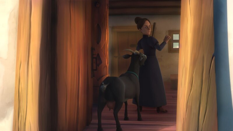 Eine Ziege taucht hinter Fräulein Rottenmeier in der Hütte auf. – Bild: ZDF/​Studio 100 Animation/​Heidi Productions Pty. Limited