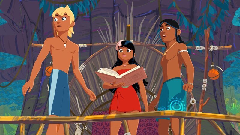 Yann (l.), Timeti (M.) und Auru (r.) suchen in Ramanas Büchern nach dem Rezept für einen Heiltrank. – Bild: ZDF/​Media Valley/​Marzipan Films