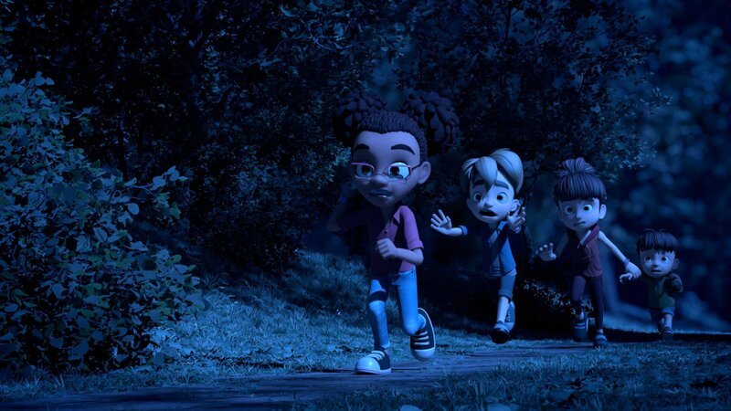 Nach der Begegnung mit der unheimlichen Mumie, heißt es für die Dorfbande: Nichts wie raus aus dem Wald! – Bild: La Station Animation