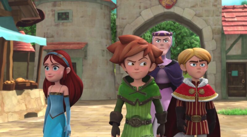 Lady Rohesia (2.von rechts) bildet Robin (3.von rechts) zum Gentleman aus. – Bild: ZDF/​Method Animation/​DQ Entertainment