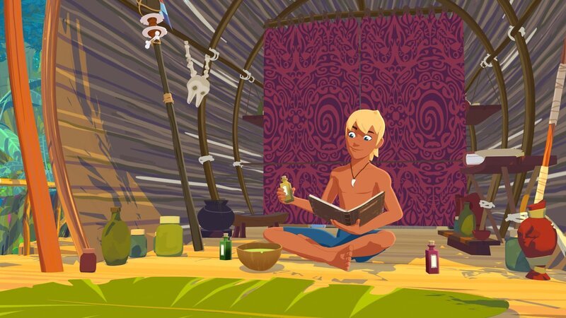 Yann wurde als Aushilfs-Schamane für einen Tag bestimmt. Nun versucht er mit Hilfe von Ramanas Büchern einen heilenden Trank herzustellen. – Bild: ZDF/​Media Valley/​Marzipan Films
