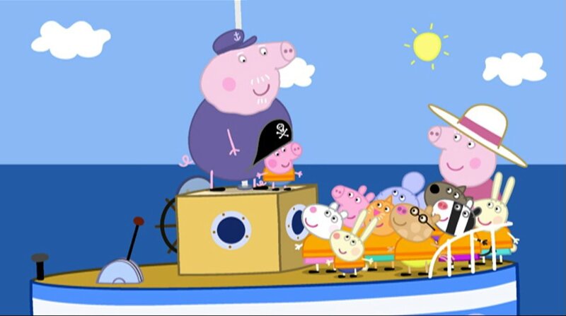 Peppa Wutz und ihre Freunde machen mit Opa Wutz auch eine Bootsfahrt, zur Schatzsuche auf die Pirateninsel. – Bild: WDR/​Astley Baker Davies Ltd./​Contender Group Ltd.