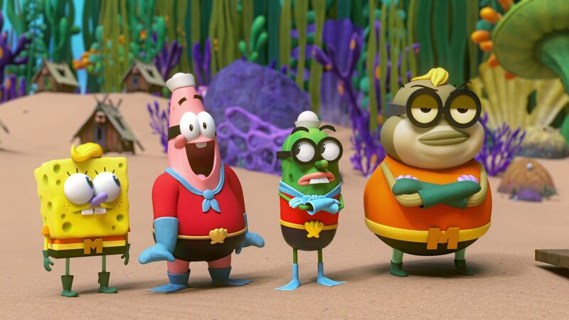 L to R Tom Kenny as the voice of SpongeBob Square Pants, Bill Fagerbakke as the voice of Patrick Star, Carlos Alazraqui as the voice of Harvey and Dee Bradley Baker as the voice of Bubble Bass in KAMP KORAL: SPONGEBOB’S UNDER YEARS. Photo credit: Nickelodeon/​Paramount+ © 2024, All Rights Reserved. – Bild: Paramount+ /​ Nickelodeon/​Paramount+ /​ PARAMOUNT+ /​ © 2024 Paramount+. All Rights Reserved.
