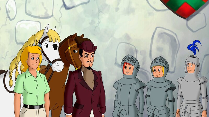 Bibi, Tina und Alex sind nun die Ritterjugend und wollen sich mit Graf Falko und Frau Martin im Turnier messen. – Bild: ZDF