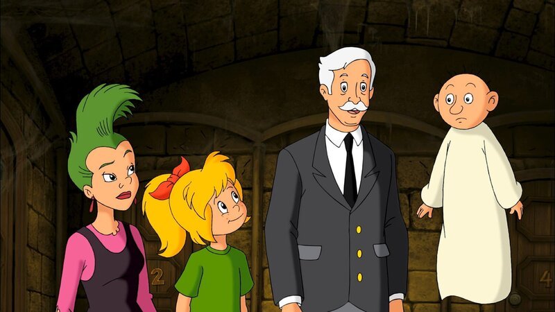 Bibi (2.v.l.), Schubia (l.) und der Geist (r.) sprechen Herrn von Zitter (2.v.r.) Mut zu. – Bild: ZDF und Kiddinx