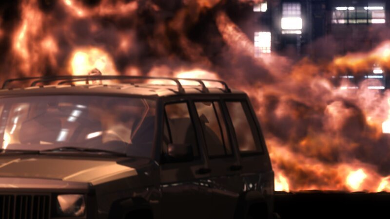 The Learjet 45 crashes down in Mexico city, the flames can be seen in the background behind the traffic. – Bild: National Geographic Channels /​ Cineflix