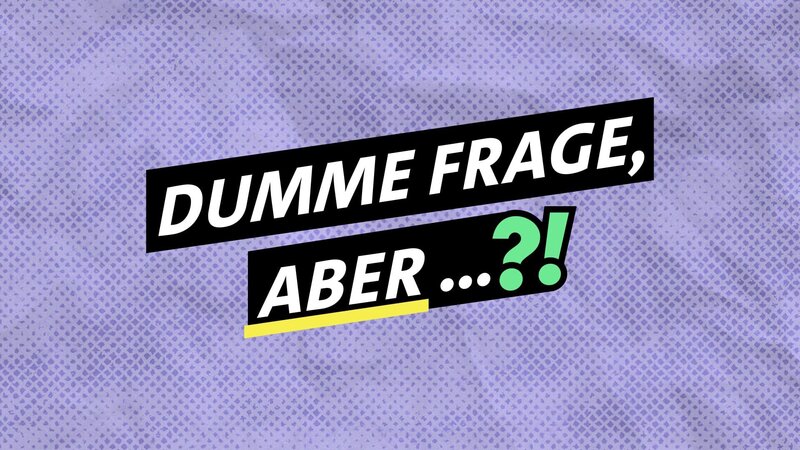 Key Visual/​Cover mit Typo zu „Dumme Frage, aber …?!“. Wir gehen den Fragen nach, die du dir selbst stellst, aber selten offen aussprichst. Hier gibt es keine dummen Fragen, denn jede hat eine Antwort! Du kannst die Fragen stellen, die dich bewegen. Wir zeigen: Keine Frage ist zu schwierig. Ob es um ernste Themen geht wie „Was, wenn morgen Krieg wäre – müsste ich kämpfen?“ oder um alltägliche Sorgen – unsere Hosts Lilian und Minusch liefern die Antworten! – Bild: BR /​ Maxi Schumann, Lara Baumbach, Jakob Fischer