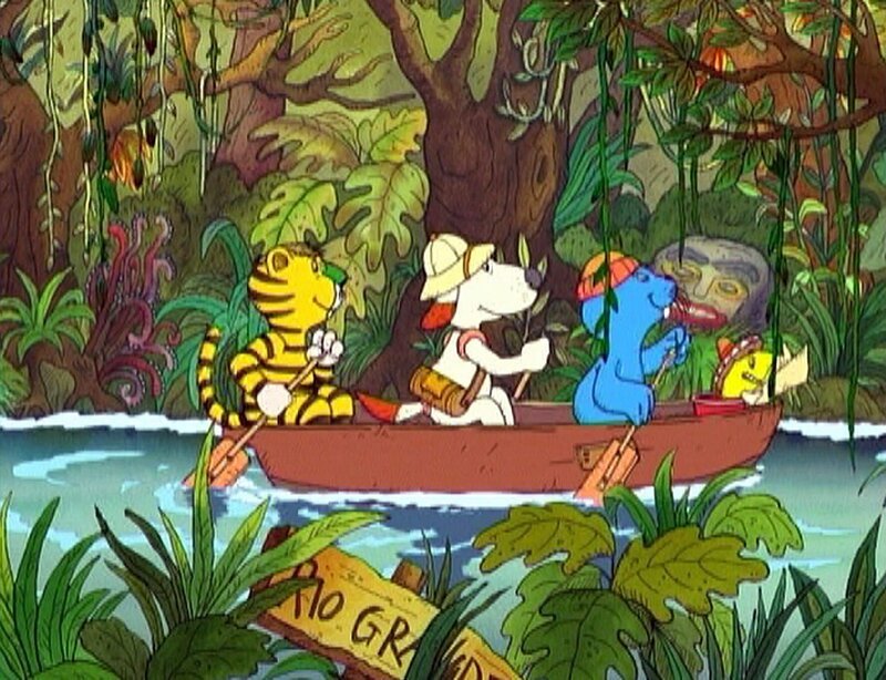 Auf dem Rio Grande rudern der kleine Tiger, Buddelforscher Stanislaus Stups, Antje und Schlter zum geheimnisvollen Tempel der Azteken. – Bild: NDR/​Papa Löwe Filmproduktion