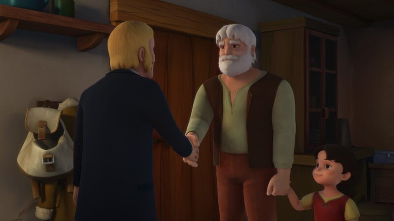 Herr Sesemann lernt Heidis Großvater kennen. – Bild: ZDF/​Studio 100 Animation/​Heidi Productions Pty. Limited