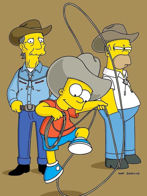 Bart (M.) freundet sich mit Buck McCoy (l.), einem ehemaligen Filmstar, an. Sehr zu Homers (r.) Missfallen wird der alte Cowboy Barts neues Idol. – Bild: TM Twenthieth Century Fox Film Corporation