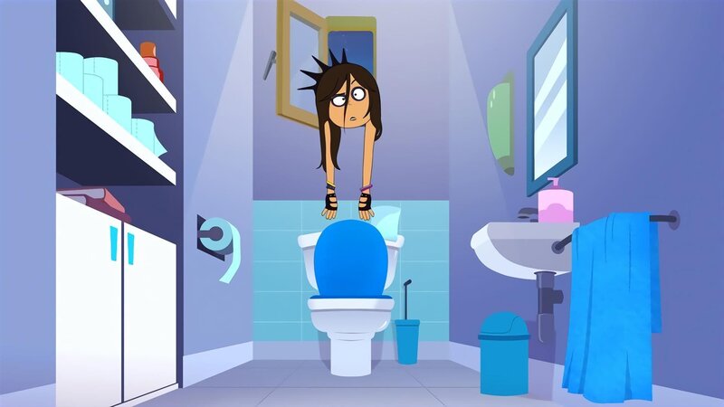 Wendy bleibt im Toilettenfenster stecken, als sie versucht heimlich zu Sammies Party zu kommen. – Bild: NDR/​Bamboo Production/​Samka Productions
