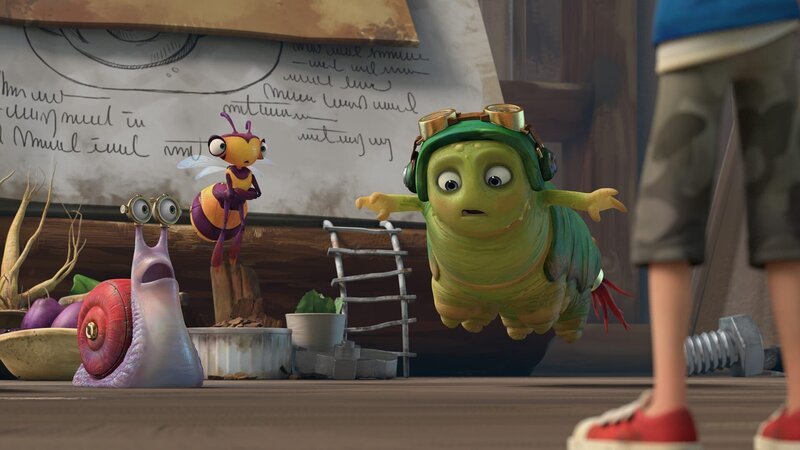 Syd und Willow sehen erstaunt zu, wie Chowser von den unzähligen, fast unsichtbaren Milben in die Luft gehoben wird. – Bild: KiKA/​One Animation PTE LTD.